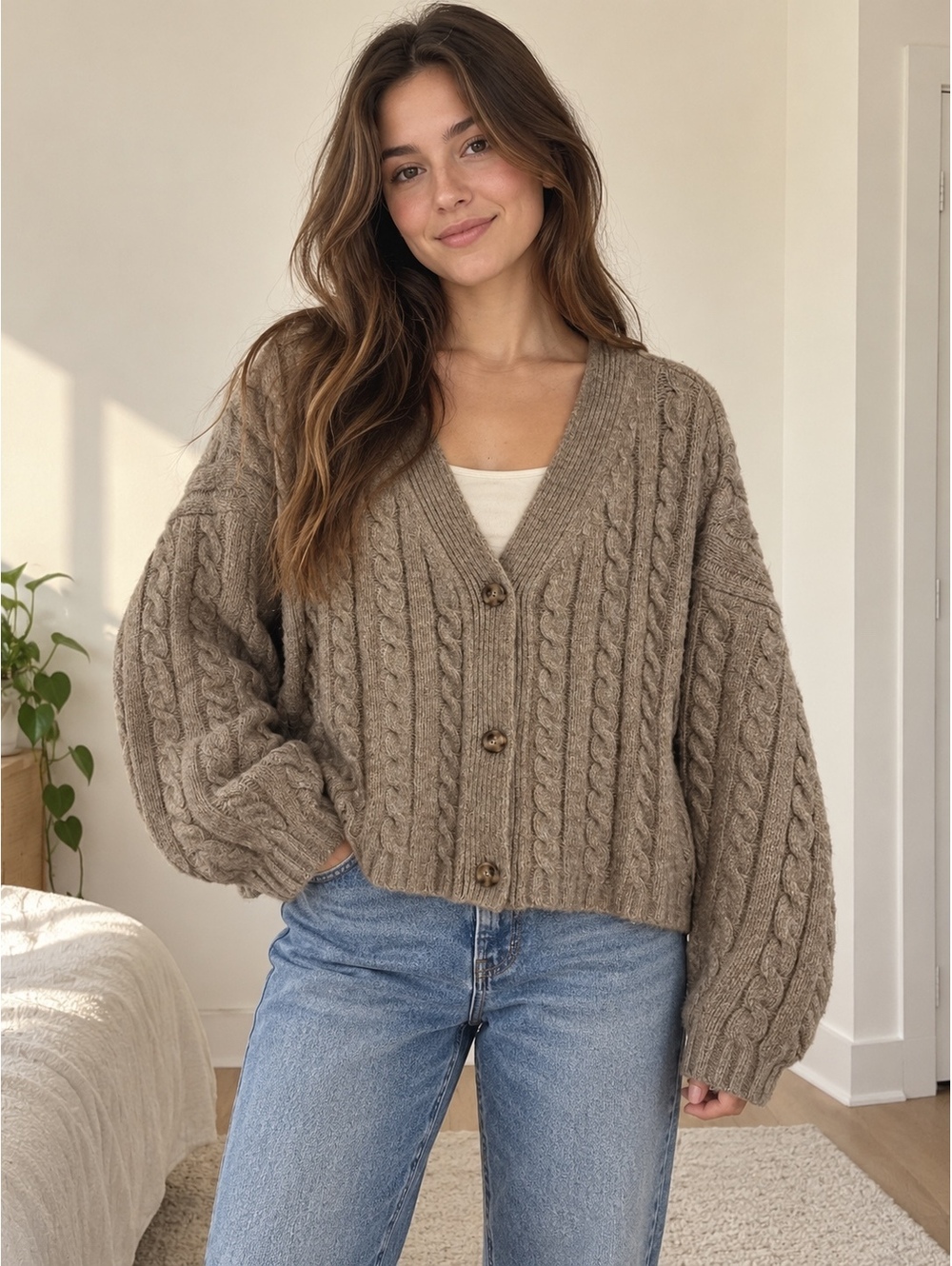 Abercrombie & Fitch Oversized Cable Knit Button Cardigan Size Large Taupe